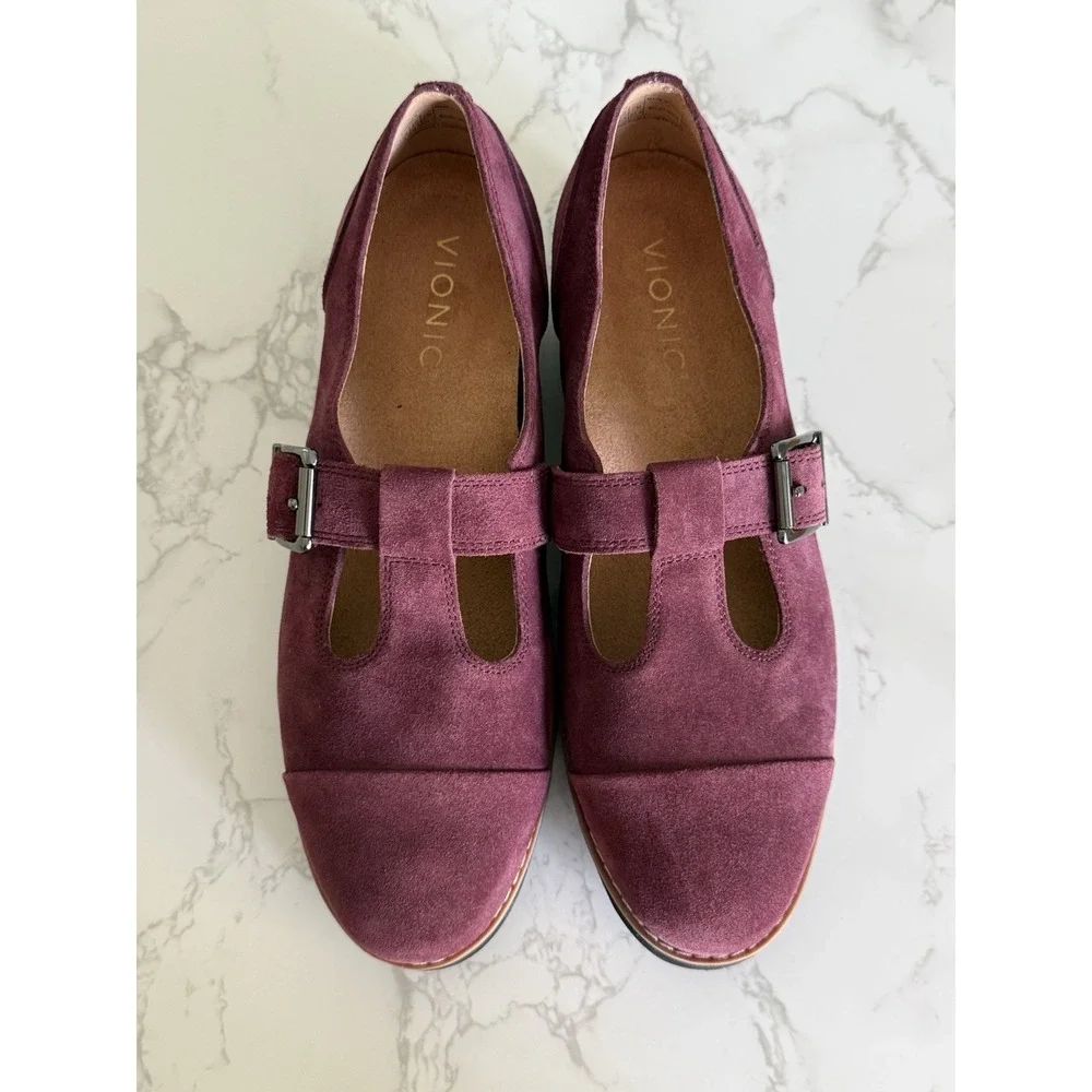 Vionic Carmen Mary Janes Buckle Loafer Shoes 6.5 Port Wine Suede Leather T Strap